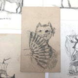 19th C. Graphite School Drawings Lot #4: Cat with Fan, Boat, Eagle's Nest
