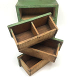 Three Drawer Hanging Chest in Original Green Paint with Hand-carved Pulls