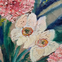 Painterly Spring Flowers in Blue Vase, Charming Large Oil on Canvas Still Life, c. 2nd Quarter 20th Century
