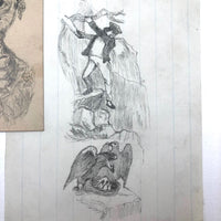 19th C. Graphite School Drawings Lot #4: Cat with Fan, Boat, Eagle's Nest