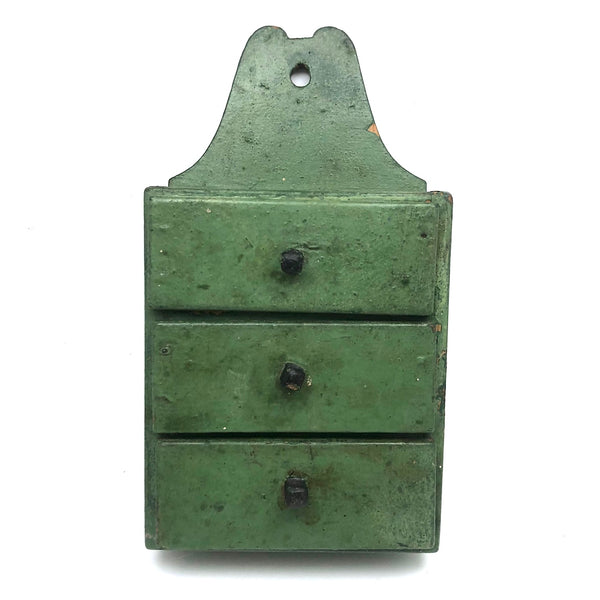 Three Drawer Hanging Chest in Original Green Paint with Hand-carved Pulls