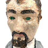 Folk Art Bust of Man in Suit with Inset Green Eyes , Plaster Over Wood with Polychrome