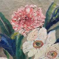 Painterly Spring Flowers in Blue Vase, Charming Large Oil on Canvas Still Life, c. 2nd Quarter 20th Century