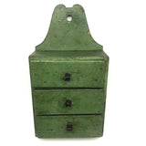 Three Drawer Hanging Chest in Original Green Paint with Hand-carved Pulls