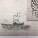 19th C. Graphite School Drawings Lot #4: Cat with Fan, Boat, Eagle's Nest