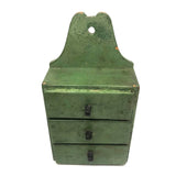 Three Drawer Hanging Chest in Original Green Paint with Hand-carved Pulls