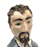 Folk Art Bust of Man in Suit with Inset Green Eyes , Plaster Over Wood with Polychrome