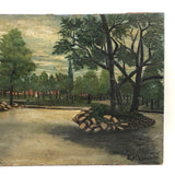 Church, Pond, Brick, and Tree Lined Paths, Antique Folk Art Oil on Board Signed E.H. Yeager