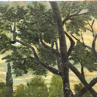 Church, Pond, Brick, and Tree Lined Paths, Antique Folk Art Oil on Board Signed E.H. Yeager