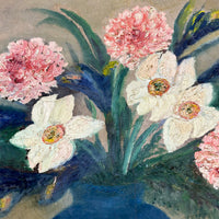 Painterly Spring Flowers in Blue Vase, Charming Large Oil on Canvas Still Life, c. 2nd Quarter 20th Century