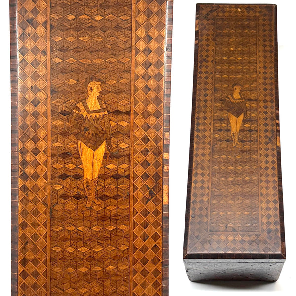 Nani Pocolo's Amazing 1897 Intarsia Marquetry Box with Costumed Beauty Dangling Cherries at Center