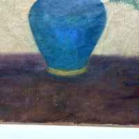Painterly Spring Flowers in Blue Vase, Charming Large Oil on Canvas Still Life, c. 2nd Quarter 20th Century