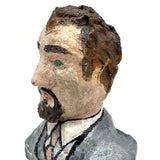 Folk Art Bust of Man in Suit with Inset Green Eyes , Plaster Over Wood with Polychrome