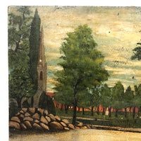 Church, Pond, Brick, and Tree Lined Paths, Antique Folk Art Oil on Board Signed E.H. Yeager