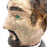 Folk Art Bust of Man in Suit with Inset Green Eyes , Plaster Over Wood with Polychrome