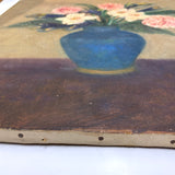 Painterly Spring Flowers in Blue Vase, Charming Large Oil on Canvas Still Life, c. 2nd Quarter 20th Century