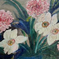 Painterly Spring Flowers in Blue Vase, Charming Large Oil on Canvas Still Life, c. 2nd Quarter 20th Century