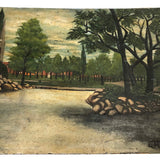 Church, Pond, Brick, and Tree Lined Paths, Antique Folk Art Oil on Board Signed E.H. Yeager