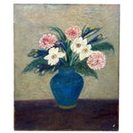 Painterly Spring Flowers in Blue Vase, Charming Large Oil on Canvas Still Life, c. 2nd Quarter 20th Century
