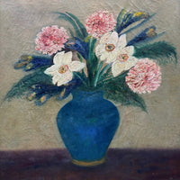Painterly Spring Flowers in Blue Vase, Charming Large Oil on Canvas Still Life, c. 2nd Quarter 20th Century