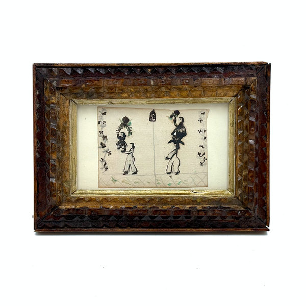 Tiny Acrobats, Very Wonderful Earlyish 19th Century Ink Drawing in Tramp Frame