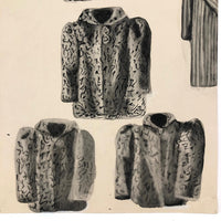 Four and a Half Coats! Vintage Inkwash Drawing on Card with Another on Reverse