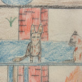 The Gingham Dog and the Calico Cat (on Blue Table), Ultra Excellent Old Naive Graphite and Crayon Drawing