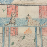 The Gingham Dog and the Calico Cat (on Blue Table), Ultra Excellent Old Naive Graphite and Crayon Drawing