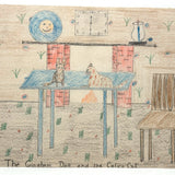 The Gingham Dog and the Calico Cat (on Blue Table), Ultra Excellent Old Naive Graphite and Crayon Drawing