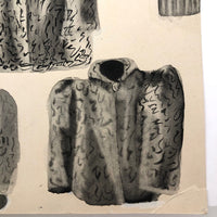 Four and a Half Coats! Vintage Inkwash Drawing on Card with Another on Reverse