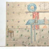The Gingham Dog and the Calico Cat (on Blue Table), Ultra Excellent Old Naive Graphite and Crayon Drawing