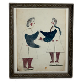 Two Figures, Marvelous c. 1880s Schoolgirl Fraktur Style Watercolor, Framed
