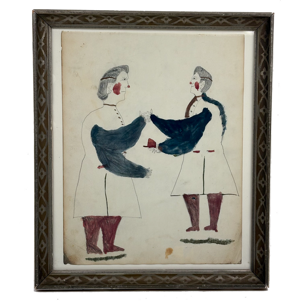 Two Figures, Marvelous c. 1880s Schoolgirl Fraktur Style Watercolor, Framed