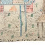 The Gingham Dog and the Calico Cat (on Blue Table), Ultra Excellent Old Naive Graphite and Crayon Drawing