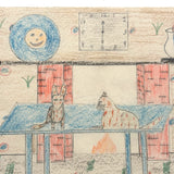 The Gingham Dog and the Calico Cat (on Blue Table), Ultra Excellent Old Naive Graphite and Crayon Drawing
