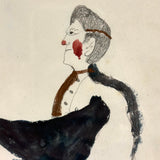 Two Figures, Marvelous c. 1880s Schoolgirl Fraktur Style Watercolor, Framed