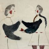 Two Figures, Marvelous c. 1880s Schoolgirl Fraktur Style Watercolor, Framed
