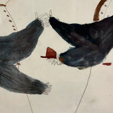 Two Figures, Marvelous c. 1880s Schoolgirl Fraktur Style Watercolor, Framed