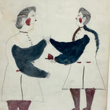 Two Figures, Marvelous c. 1880s Schoolgirl Fraktur Style Watercolor, Framed