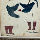 Two Figures, Marvelous c. 1880s Schoolgirl Fraktur Style Watercolor, Framed