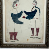 Two Figures, Marvelous c. 1880s Schoolgirl Fraktur Style Watercolor, Framed