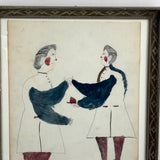Two Figures, Marvelous c. 1880s Schoolgirl Fraktur Style Watercolor, Framed