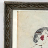 Two Figures, Marvelous c. 1880s Schoolgirl Fraktur Style Watercolor, Framed