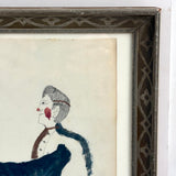 Two Figures, Marvelous c. 1880s Schoolgirl Fraktur Style Watercolor, Framed