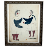 Two Figures, Marvelous c. 1880s Schoolgirl Fraktur Style Watercolor, Framed