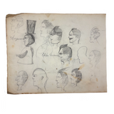 Many Faces in Profile, Wonderful c. 1880s Naive Graphite Drawing, with Inked Cow on Reverse!
