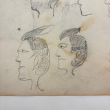 Many Faces in Profile, Wonderful c. 1880s Naive Graphite Drawing, with Inked Cow on Reverse!