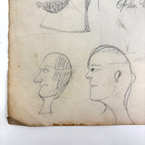 Many Faces in Profile, Wonderful c. 1880s Naive Graphite Drawing, with Inked Cow on Reverse!