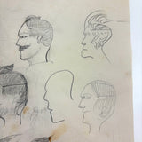 Many Faces in Profile, Wonderful c. 1880s Naive Graphite Drawing, with Inked Cow on Reverse!