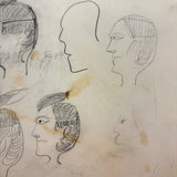 Many Faces in Profile, Wonderful c. 1880s Naive Graphite Drawing, with Inked Cow on Reverse!